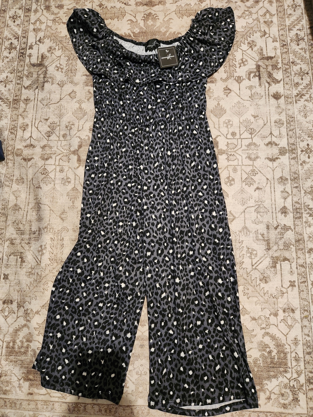 Smocked Off-Shoulder Leopard Print Jumpsuit - Black
